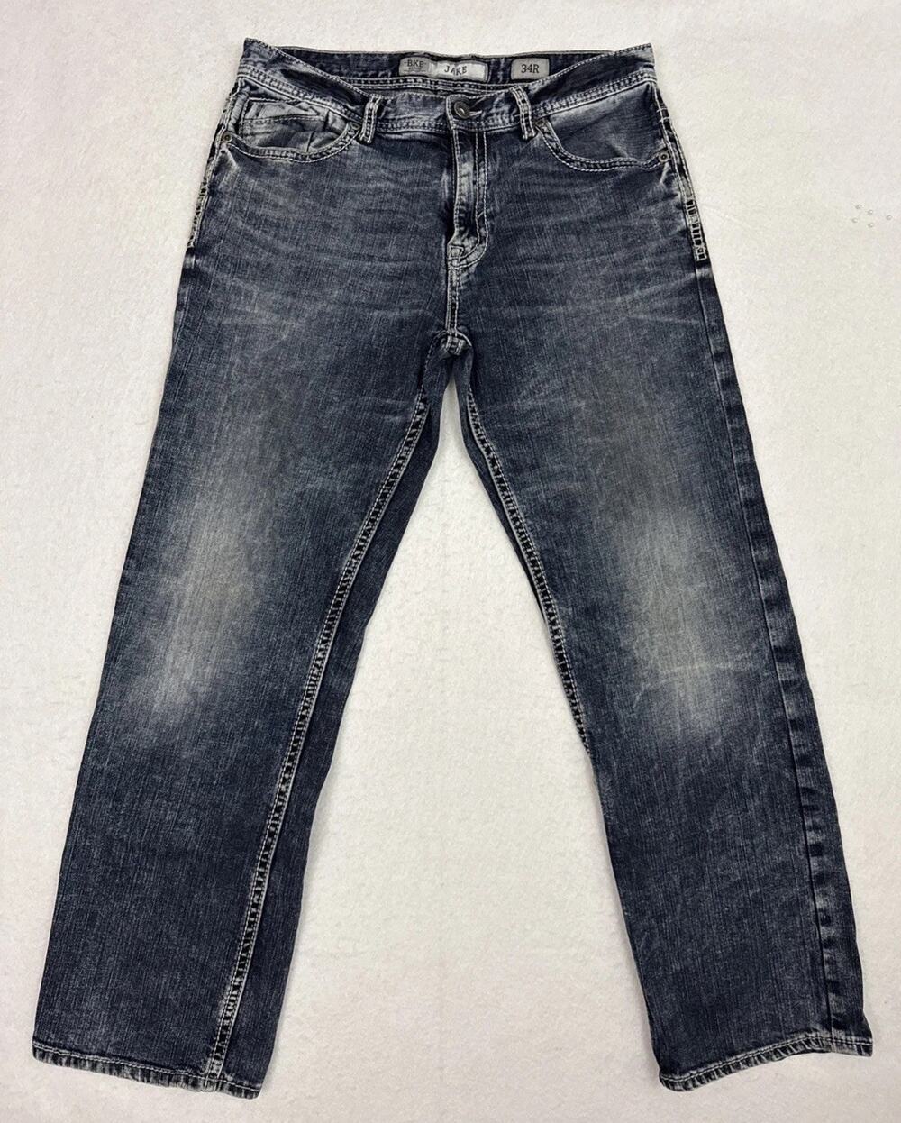 BKE Jake Jeans Mens 34R Blue Straight Leg Stretch Distressed Denim
